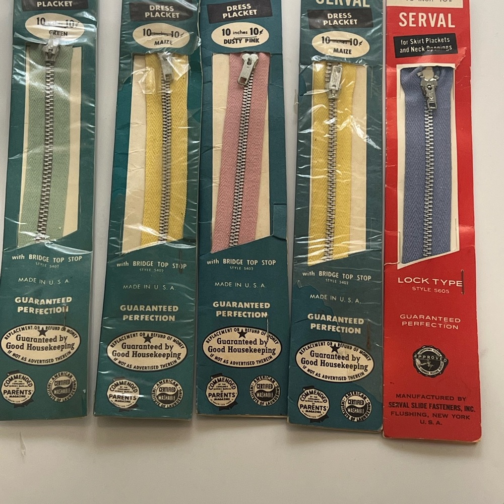 Lot of  5 Vintage Zipper Metal Dress Placket 10” USA Serval 50/60s